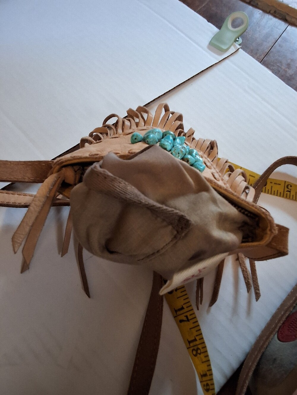 Lucky Brand Tan Leather Fringe Crossbody Bag Turquoise Boho Southwestern Purse - Picture 8 of 13